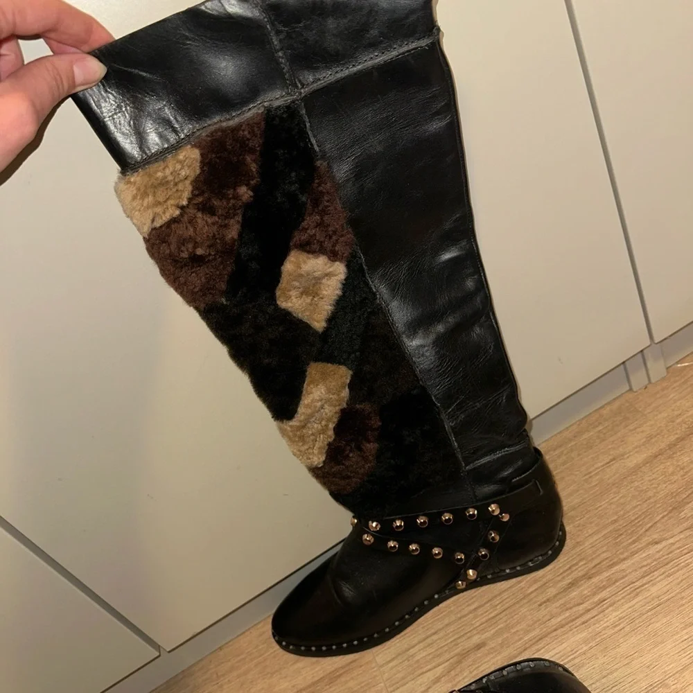 Ivy Kirzhner HUSKY Tall Boots Leather Fur Trimmed Studs Hidden Wedge Size 8B